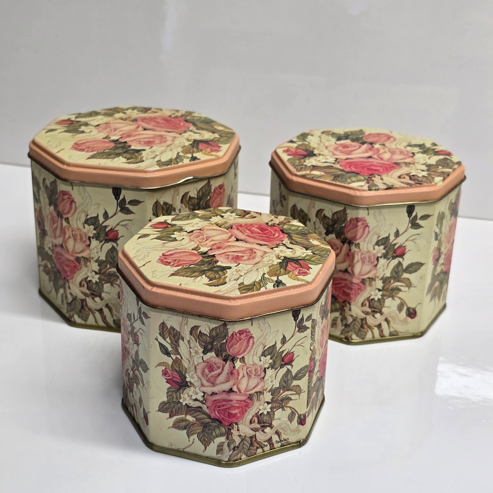 Nesting Canisters Cream Metal Pink Rose Floral Hexagon Set of 3 Cottagecore‎